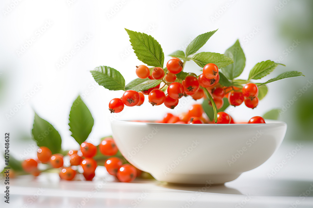 Fresh Red Cowberry in White Bowl with Green Leaves on Bright Background Fresh Red Cowberry in White Bowl with Green Leaves on Bright Background