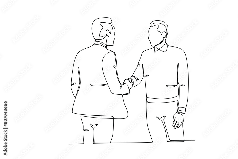 Single continuous line drawing of young Coworkers shaking hands. Business agreement celebration concept continuous line graphic draw design vector illustration Single continuous line drawing of young Coworkers shaking hands. Business agreement celebration concept continuous line graphic draw design vector illustration