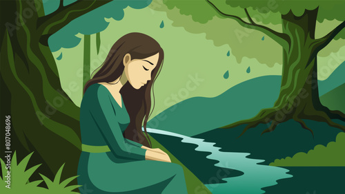 A woman leans against a mosscovered tree quietly reflecting by a bubbling stream.. Vector illustration
