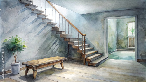 Rustic farmhouse  Wooden bench against grey wall and staircase. 