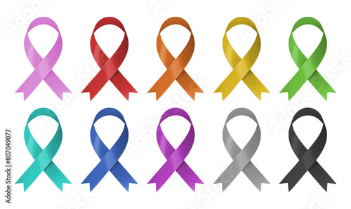 Awareness Ribbon Set Breast Cancer  Alzheimer HIV AIDS Mental Suicide Isolated on Transparent Background
