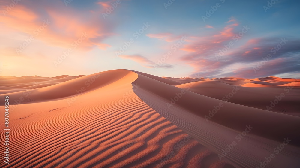 Panoramic view of sand dunes at sunrise. Natural background