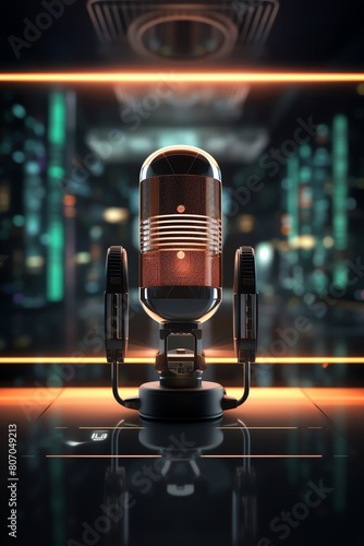 Retro microphone on a stage with glowing lights in the background. photo