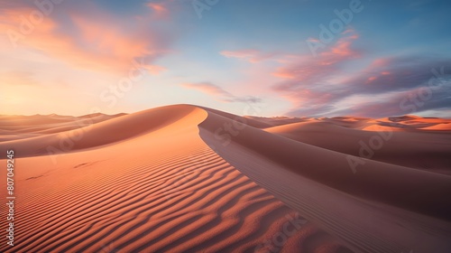 Panoramic view of sand dunes at sunrise. Natural background