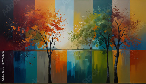 Oil painting: A vibrant, abstract composition inspired by the four seasons, with each quadrant of the canvas representing a different time of year, using a harmonious palette of colors and bold,  photo