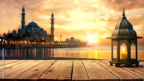 Beautiful wooden floors and a backdrop of the mosque and lake photo