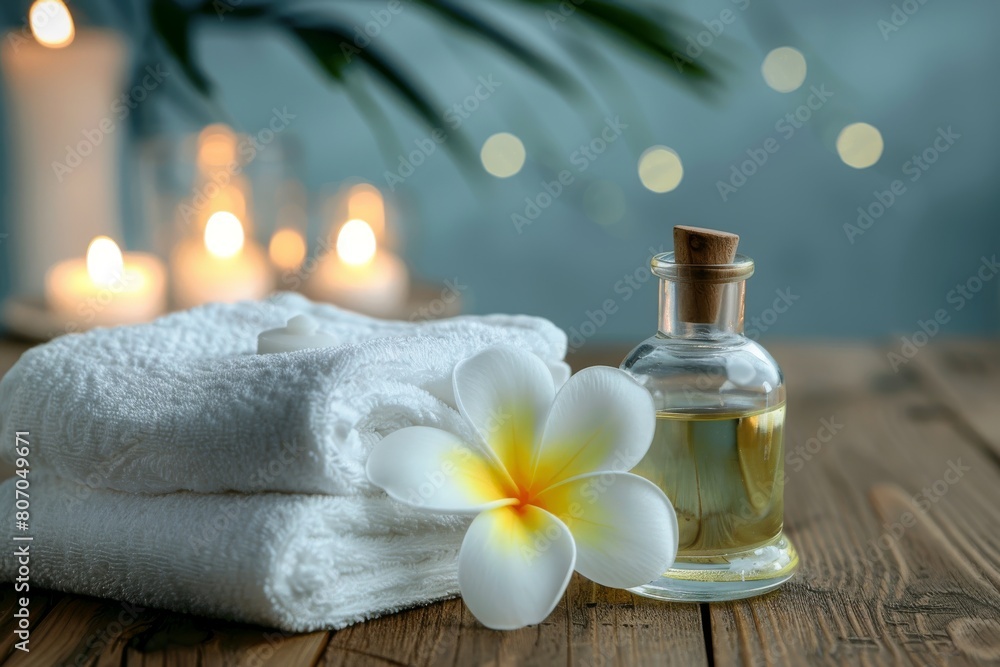 Quiet spa atmosphere with oil, towels, and candles Quiet spa atmosphere with oil, towels, and candles