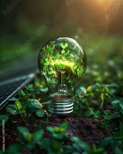 Light bulb glowing with green energy, wideangle, solar panels beneath, Earth Day renewal theme
