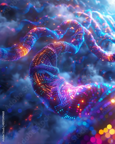 Multicolored DNA spirals  birdseye view  amidst clouds of digital code  soft light  fantasy tech