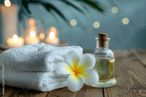 Quiet spa atmosphere with oil, towels, and candles