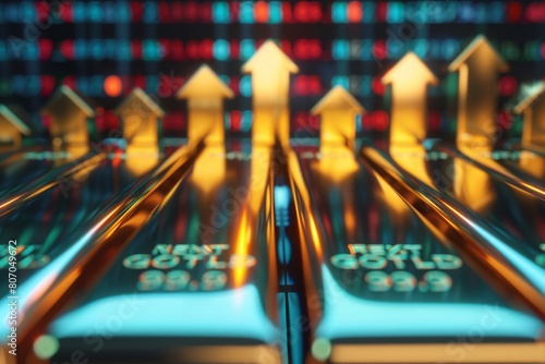 Gold bars with arrows pointing upwards on a screen showing stock market growth