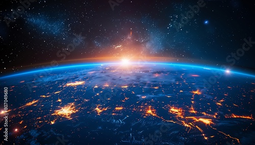 Neonlit digital earth, panoramic view, with energy grids, vibrant, future tech and connectivity © AlexCaelus