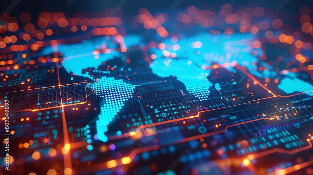 Obraz premium Tech map of the world, closeup, pulsating information paths, vibrant, worldwide business symbol