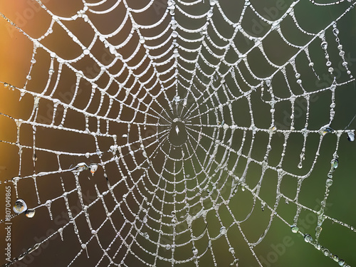 Macro photograph spider web with rain drops against natural colorful background