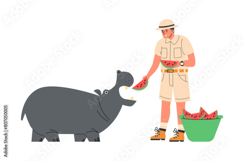Zookeeper feeding hippo vector illustration photo