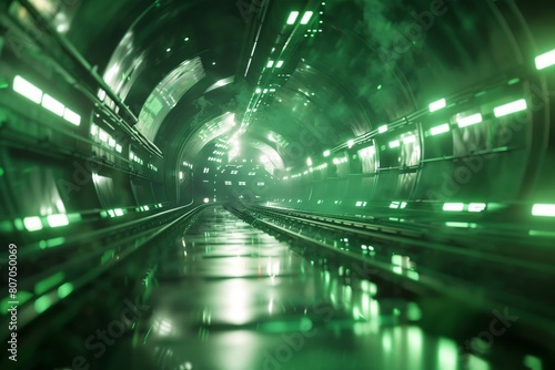 The image shows a long, futuristic corridor with green lights on the walls and floor.