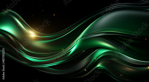 Abstract background of luminous green liquid metal with waves and stars, dark silver, and black colors
