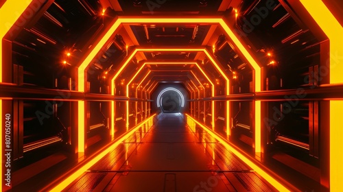 The image shows a long, futuristic corridor with bright orange lights on the walls and floor. photo