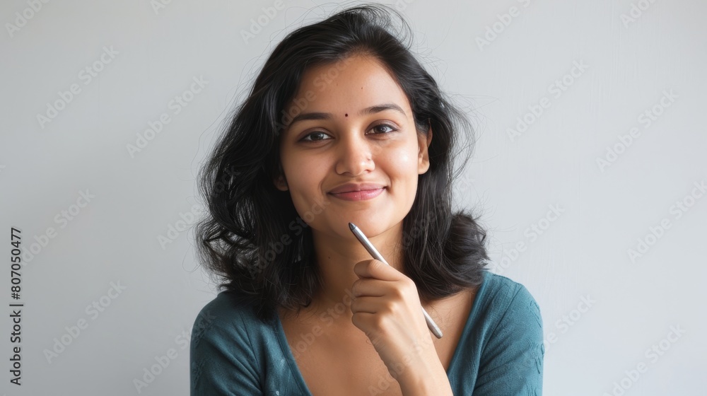 A woman with long flowing hair holds a pen in her delicate hand, poised to create magic on paper A woman with long flowing hair holds a pen in her delicate hand, poised to create magic on paper