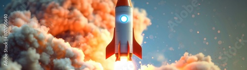 The rocket is taking off into space. The rocket is surrounded by a cloud of smoke. The rocket is on its way to deliver its payload into orbit.