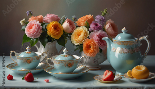 Wallpaper Mural Pastel painting: A delightful, tea party-inspired still life, featuring an ornate, porcelain tea set, delicate pastries, and a bouquet of fresh flowers, all painted in the bright, cheerful colors. Torontodigital.ca