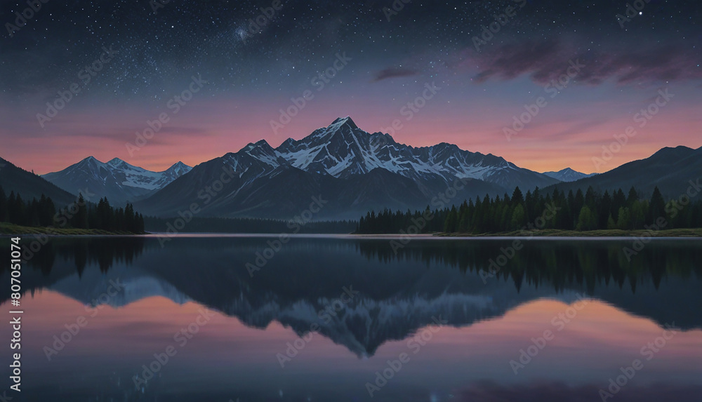 Pastel painting: A serene, mountain landscape at dusk, featuring a reflective lake, towering peaks, and a sky filled with softly glowing stars, all rendered in the luminous, atmospheric colors 