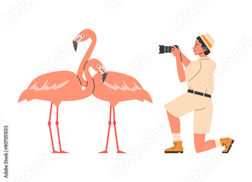 Vector illustration of an ornithologist studying flamingos with a camera.