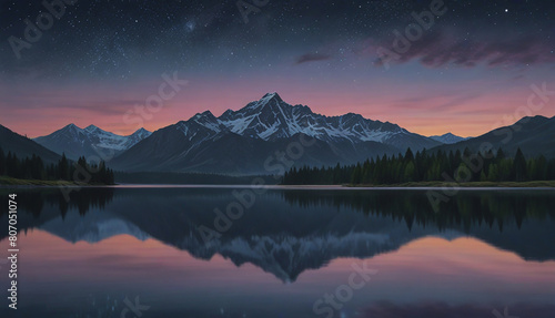 Pastel painting: A serene, mountain landscape at dusk, featuring a reflective lake, towering peaks, and a sky filled with softly glowing stars, all rendered in the luminous, atmospheric colors  © Jessada