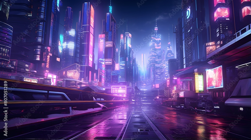 Night view of the city with neon lights. 3d rendering.