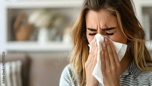 Woman at home practicing hygiene by sneezing into tissue to manage allergies. Concept Hygiene Practices, Allergy Management, Woman at Home, Sneezing into Tissue, Health and Wellness