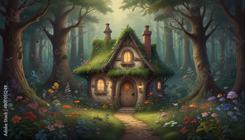 Pastel painting: A whimsical, storybook-inspired forest scene, featuring fanciful creatures, magical flora, and a secret, ivy-covered cottage, all painted in the rich, enchanting colors and soft, © Jessada
