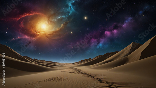 Sand painting: A celestial scene, featuring stars, galaxies, and cosmic elements, all created from layers of colored sand with a deep, mystical texture