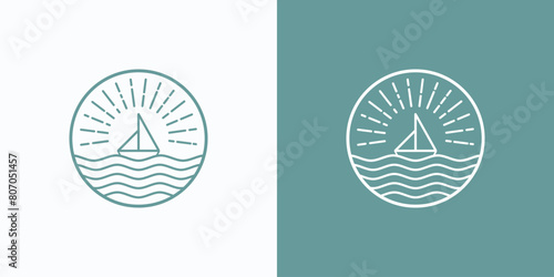 Vector logo design of sailing ship emblem, wavy water and sun rays in circle lines in modern, simple, clean and abstract style.