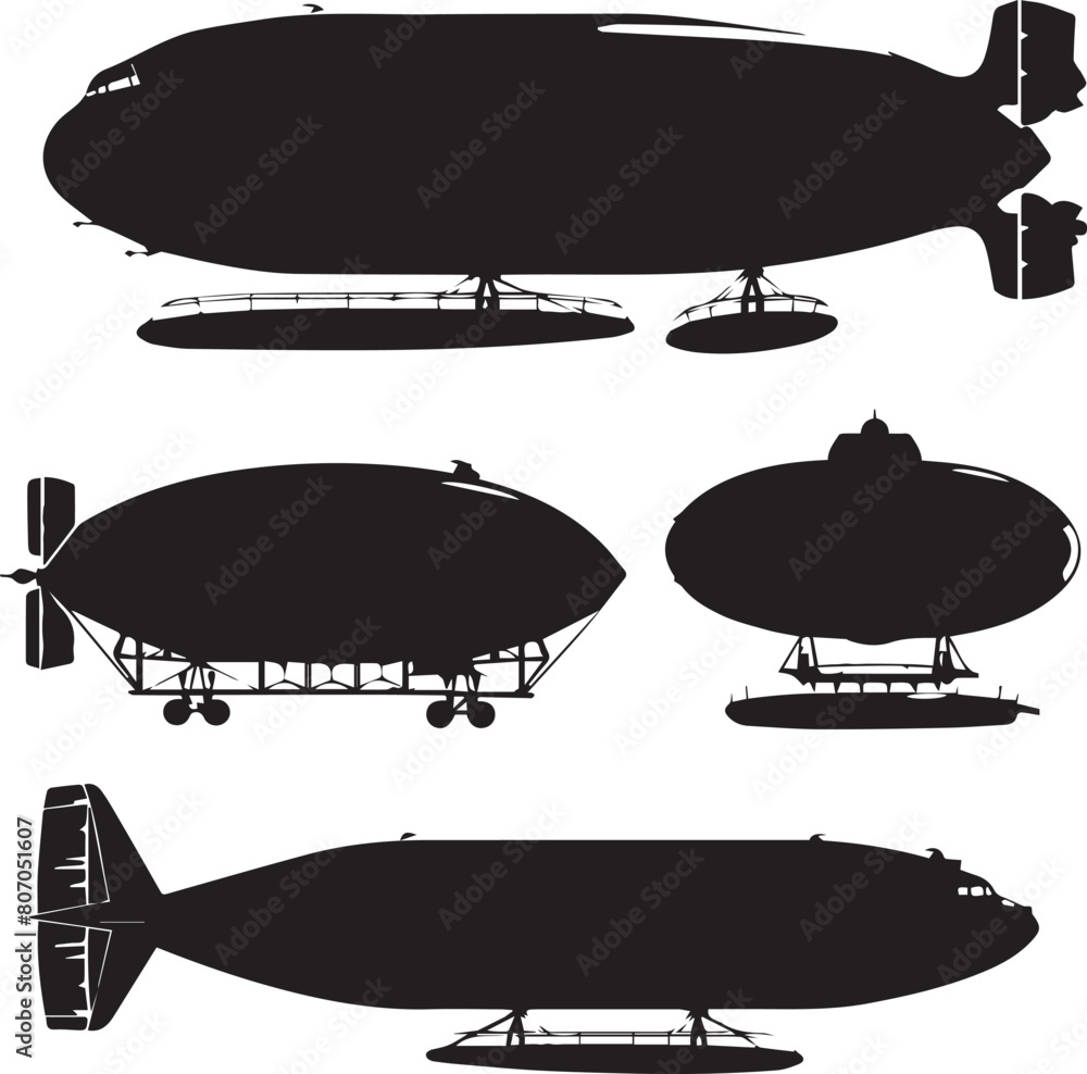 Fototapeta premium Airship Dark Silhouette Shapes Vector Set