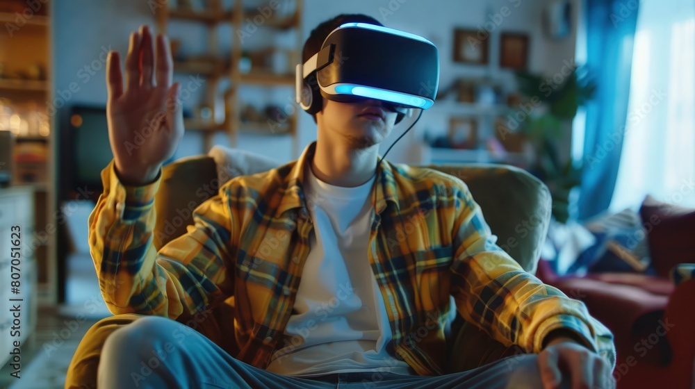 A Young Man Is Depicted Meeting With Virtual Reality Technology At Home, Background HD For Designer        