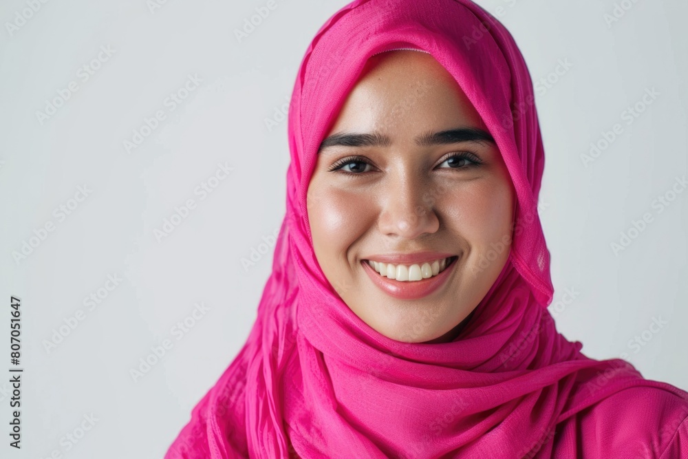 A portrait of young smiling muslim woman wearing a pink hijab over white background studio. A portrait of young smiling muslim woman wearing a pink hijab over white background studio.