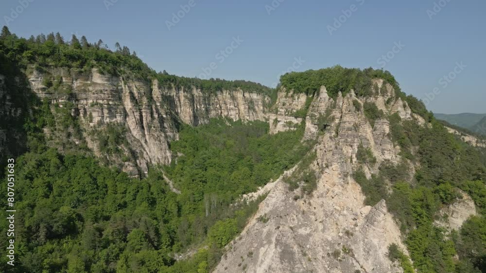 sheer cliffs, rock massif Sairme pillars in Georgia in caucasus, aerial view sheer cliffs, rock massif Sairme pillars in Georgia in caucasus, aerial view