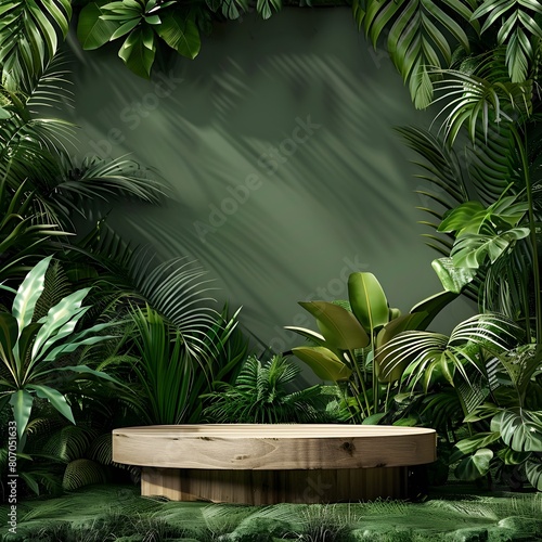  Wood pedestal in tropical forest for product presentation and green wall