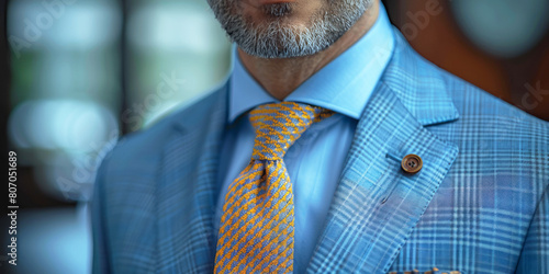 Mid section of senior businessman wearing blue suit and yellow tie in office