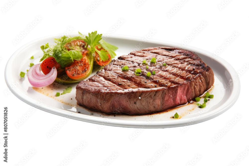 grilled steak in dish isolated on white