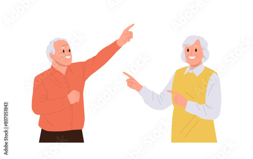 Happy smiling grey-haired man and woman senior people cartoon characters with pointing gesture
