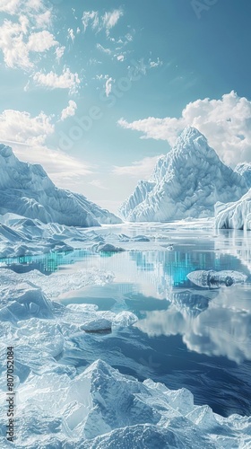 3D rendering of melting glaciers with digital countdown, climate tipping point concept, chilling visual