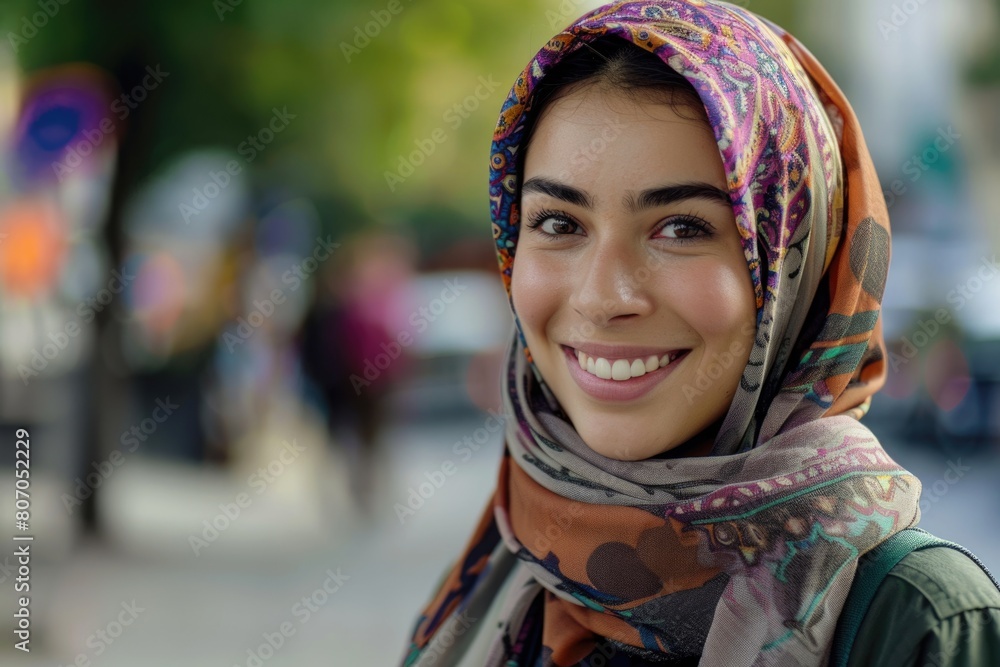 Beautiful young Muslim woman in urban setting smiling at camera Beautiful young Muslim woman in urban setting smiling at camera