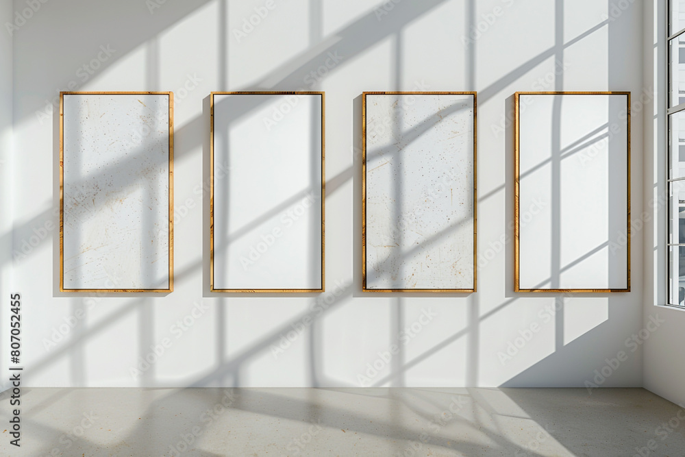 the bright, sun-filled gallery space where four rectangular wooden frames are mounted in a vertical line against a crisp white wall exhibit exhibit the bright, sun-filled gallery space where four rectangular wooden frames are mounted in a vertical line against a crisp white wall exhibit exhibit