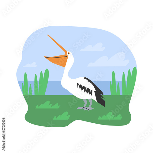 Vector flat illustration of a charming pelican with an open beak on a background of sky and lake