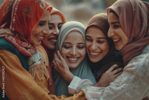 Group of islamic friends embracing and smiling together photo