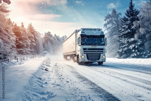 Winter scene with a cargo lorry speeding through a snowy landscape, showcasing reliability and performance in harsh conditions
