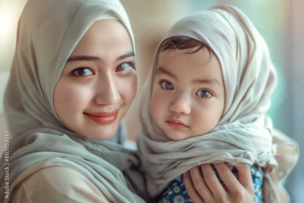 portrait of pretty muslim woman with her son portrait of pretty muslim woman with her son