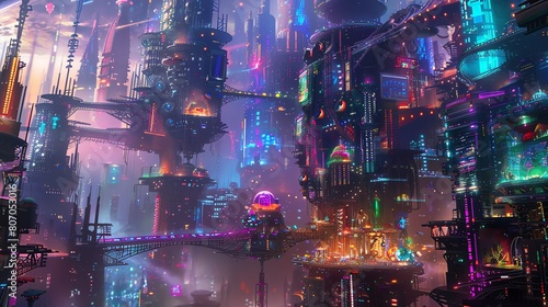 Craft a digital masterpiece depicting a surreal, side-view cityscape presenting neon-lit skyscrapers intertwined with biomechanical flora, and futuristic robotic fauna gleaming in iridescent tones
