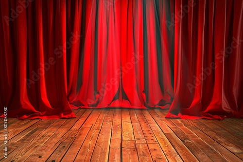 red curtain and light of spotlight on the wooden floor in the dark room